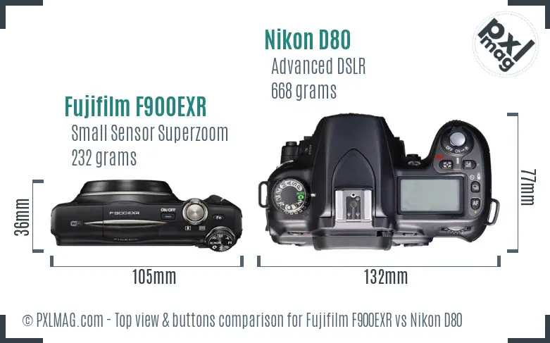 Fujifilm F900EXR vs Nikon D80 top view buttons comparison