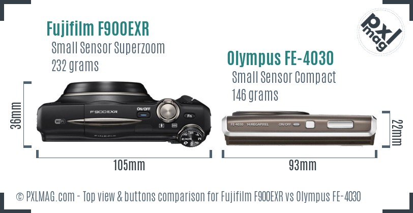 Fujifilm F900EXR vs Olympus FE-4030 top view buttons comparison
