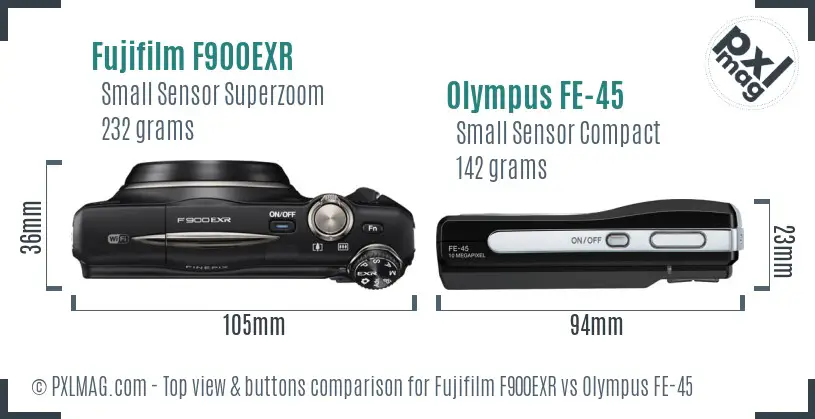 Fujifilm F900EXR vs Olympus FE-45 top view buttons comparison