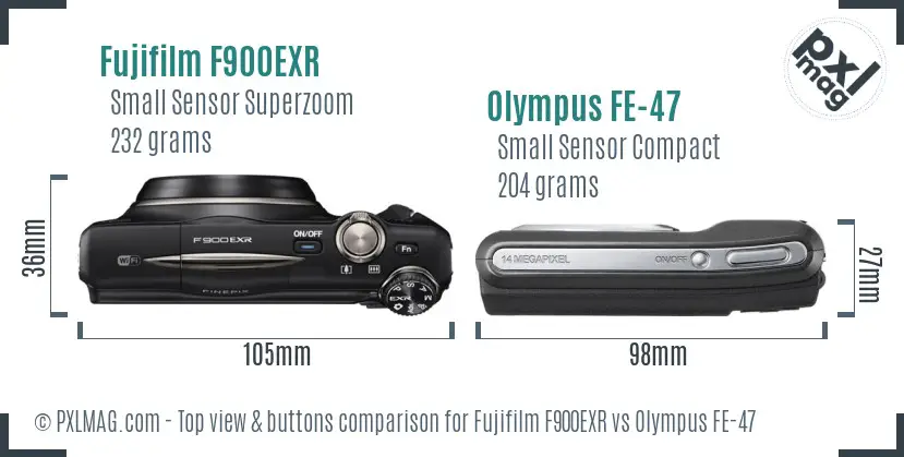 Fujifilm F900EXR vs Olympus FE-47 top view buttons comparison Fujifilm F900EXR vs Olympus FE-47 top view buttons comparison