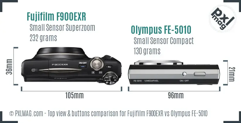 Fujifilm F900EXR vs Olympus FE-5010 top view buttons comparison