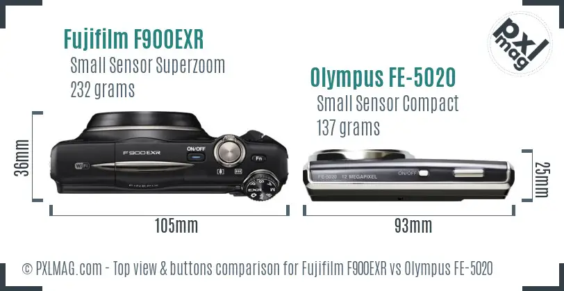 Fujifilm F900EXR vs Olympus FE-5020 top view buttons comparison