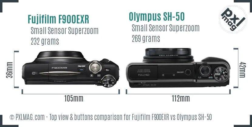 Fujifilm F900EXR vs Olympus SH-50 top view buttons comparison