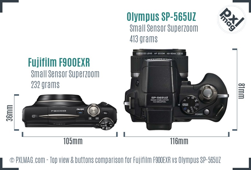 Fujifilm F900EXR vs Olympus SP-565UZ top view buttons comparison