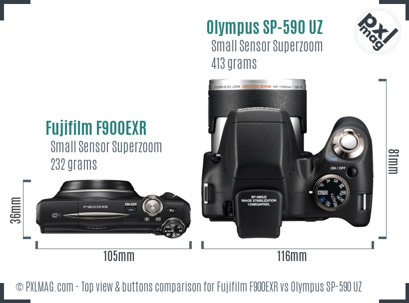 Fujifilm F900EXR vs Olympus SP-590 UZ top view buttons comparison