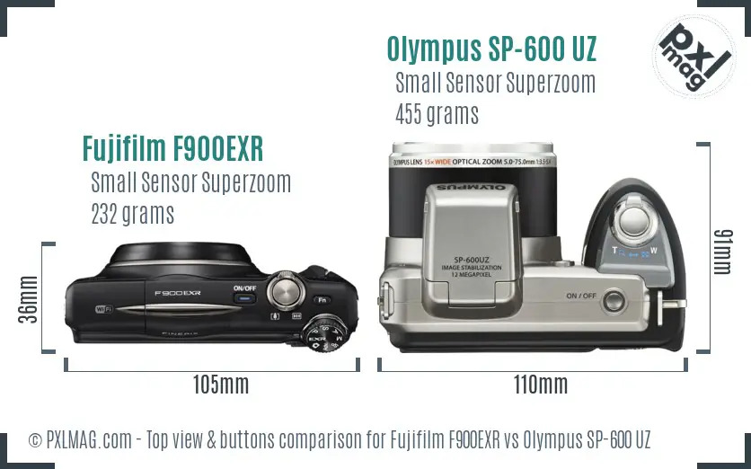 Fujifilm F900EXR vs Olympus SP-600 UZ top view buttons comparison