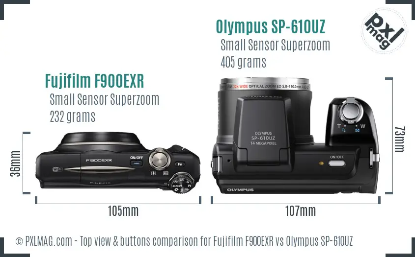 Fujifilm F900EXR vs Olympus SP-610UZ top view buttons comparison