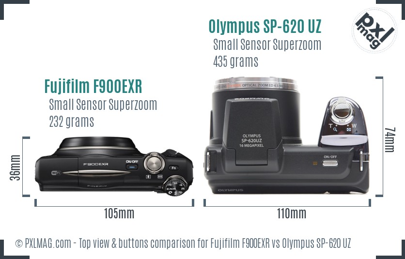 Fujifilm F900EXR vs Olympus SP-620 UZ top view buttons comparison