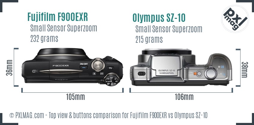 Fujifilm F900EXR vs Olympus SZ-10 top view buttons comparison