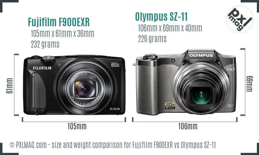 Fujifilm F900EXR vs Olympus SZ-11 size comparison
