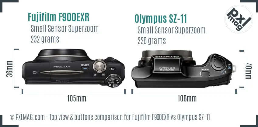 Fujifilm F900EXR vs Olympus SZ-11 top view buttons comparison