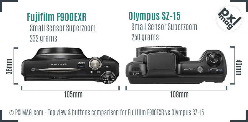 Fujifilm F900EXR vs Olympus SZ-15 top view buttons comparison