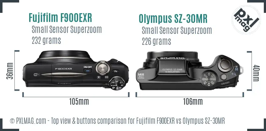 Fujifilm F900EXR vs Olympus SZ-30MR top view buttons comparison
