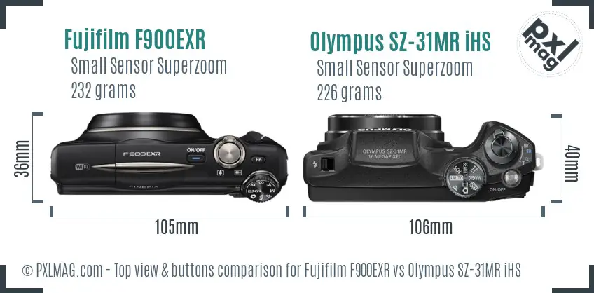 Fujifilm F900EXR vs Olympus SZ-31MR iHS top view buttons comparison
