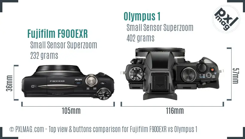 Fujifilm F900EXR vs Olympus 1 top view buttons comparison