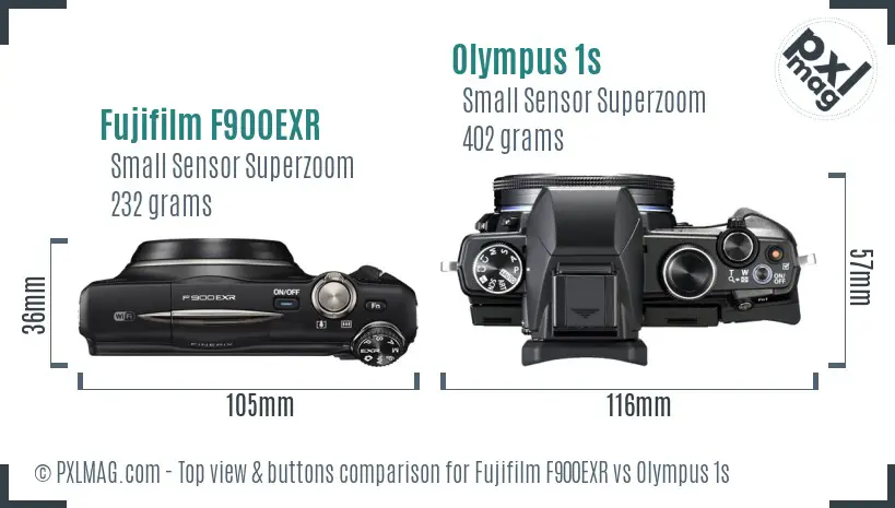 Fujifilm F900EXR vs Olympus 1s top view buttons comparison