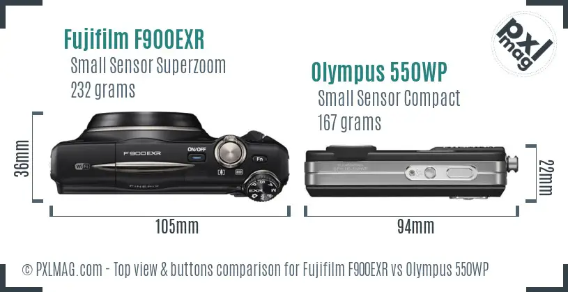 Fujifilm F900EXR vs Olympus 550WP top view buttons comparison Fujifilm F900EXR vs Olympus 550WP top view buttons comparison
