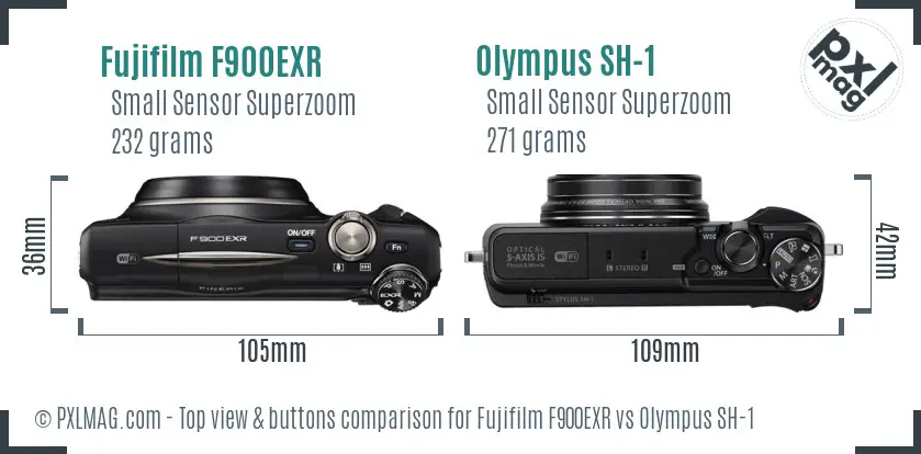 Fujifilm F900EXR vs Olympus SH-1 top view buttons comparison