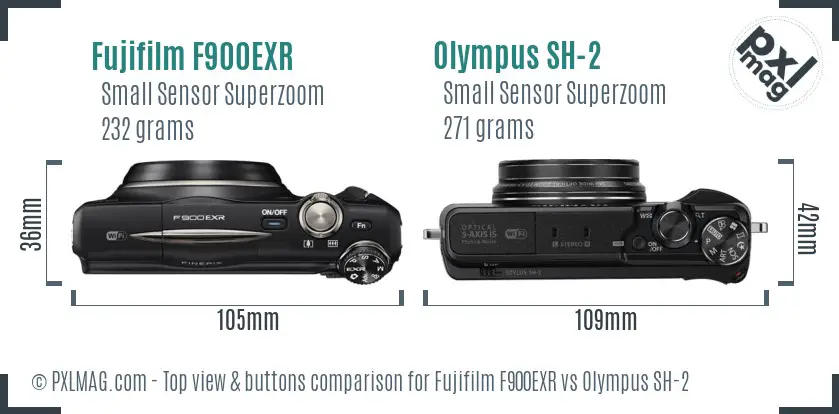 Fujifilm F900EXR vs Olympus SH-2 top view buttons comparison