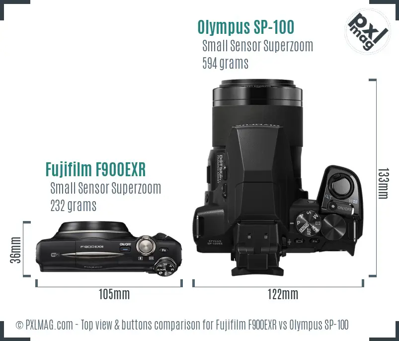 Fujifilm F900EXR vs Olympus SP-100 top view buttons comparison Fujifilm F900EXR vs Olympus SP-100 top view buttons comparison