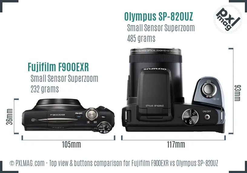 Fujifilm F900EXR vs Olympus SP-820UZ top view buttons comparison