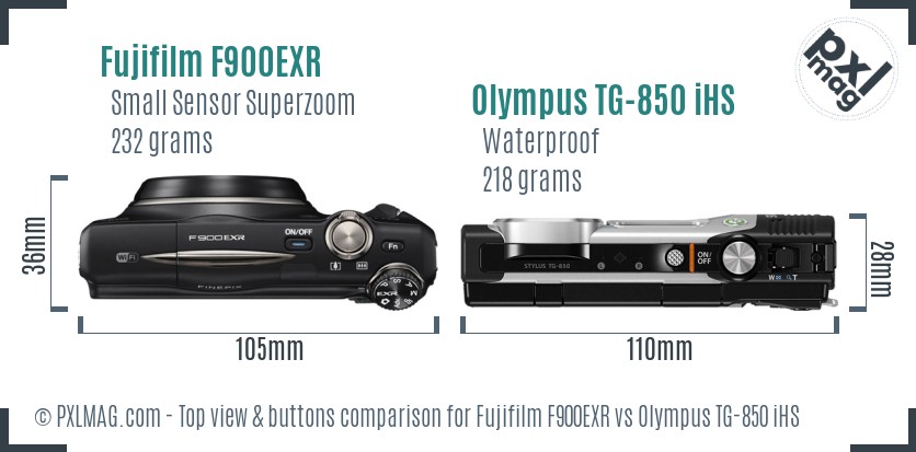 Fujifilm F900EXR vs Olympus TG-850 iHS top view buttons comparison