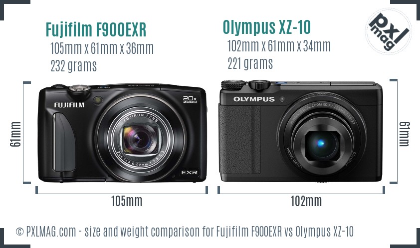 Fujifilm F900EXR vs Olympus XZ-10 size comparison