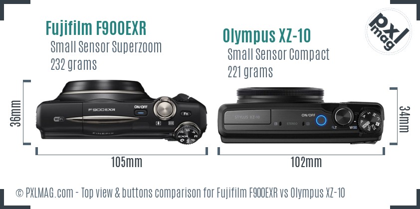 Fujifilm F900EXR vs Olympus XZ-10 top view buttons comparison