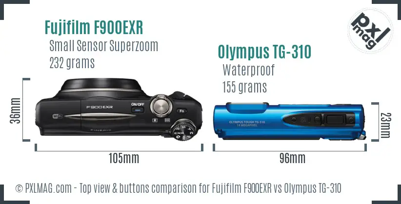 Fujifilm F900EXR vs Olympus TG-310 top view buttons comparison Fujifilm F900EXR vs Olympus TG-310 top view buttons comparison