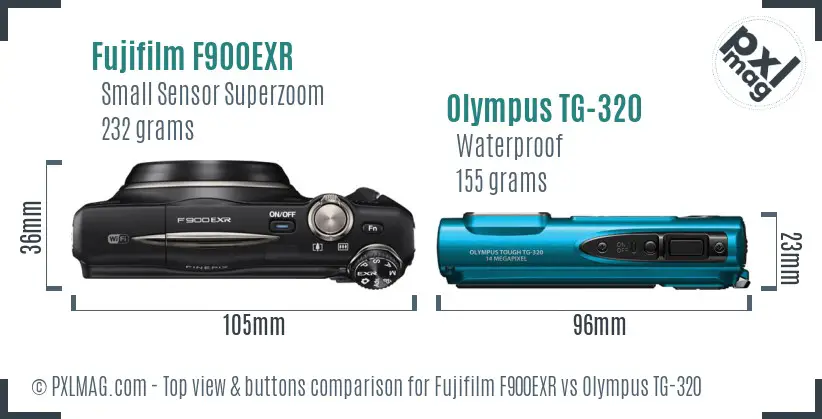 Fujifilm F900EXR vs Olympus TG-320 top view buttons comparison