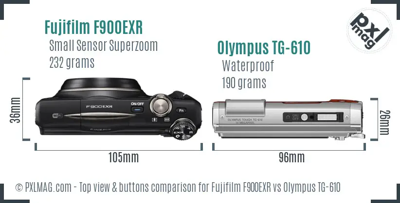 Fujifilm F900EXR vs Olympus TG-610 top view buttons comparison Fujifilm F900EXR vs Olympus TG-610 top view buttons comparison