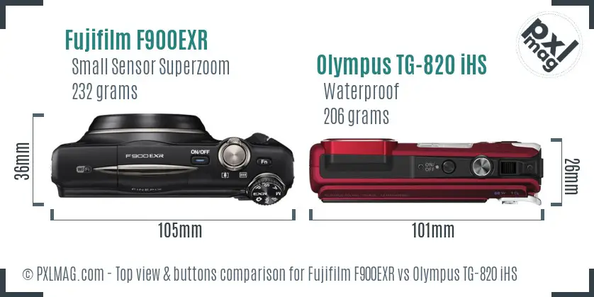 Fujifilm F900EXR vs Olympus TG-820 iHS top view buttons comparison