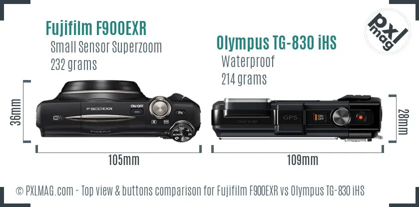 Fujifilm F900EXR vs Olympus TG-830 iHS top view buttons comparison