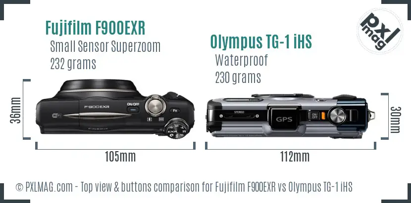 Fujifilm F900EXR vs Olympus TG-1 iHS top view buttons comparison Fujifilm F900EXR vs Olympus TG-1 iHS top view buttons comparison