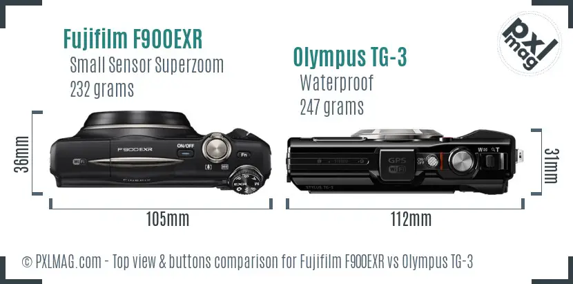 Fujifilm F900EXR vs Olympus TG-3 top view buttons comparison