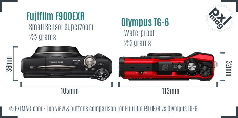 Fujifilm F900EXR vs Olympus TG-6 top view buttons comparison