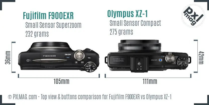 Fujifilm F900EXR vs Olympus XZ-1 top view buttons comparison Fujifilm F900EXR vs Olympus XZ-1 top view buttons comparison