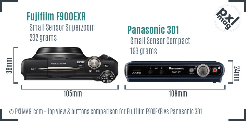 Fujifilm F900EXR vs Panasonic 3D1 top view buttons comparison