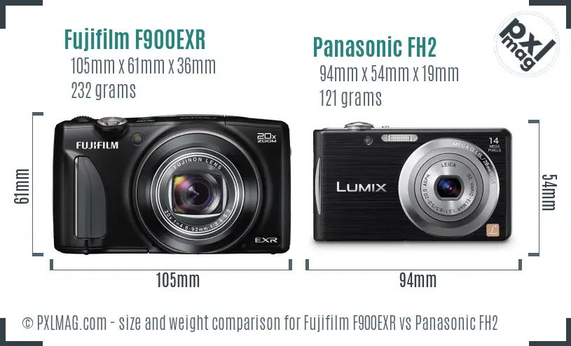 Fujifilm F900EXR vs Panasonic FH2 size comparison