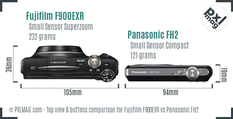 Fujifilm F900EXR vs Panasonic FH2 top view buttons comparison