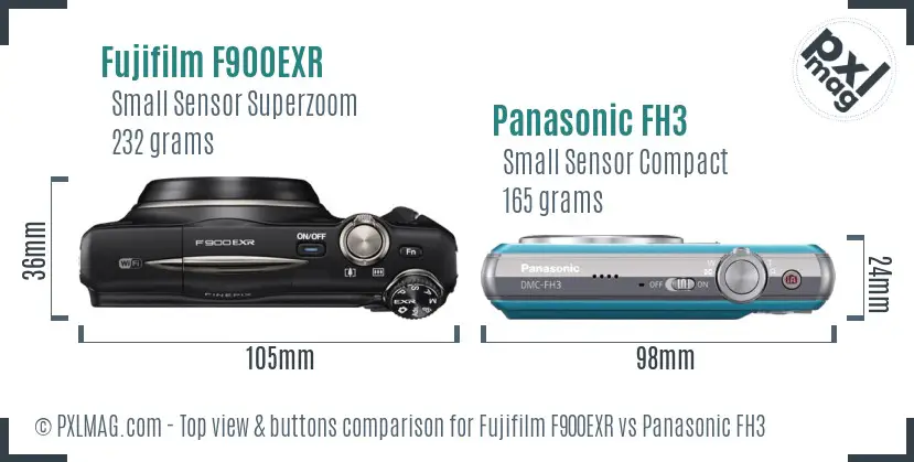 Fujifilm F900EXR vs Panasonic FH3 top view buttons comparison Fujifilm F900EXR vs Panasonic FH3 top view buttons comparison