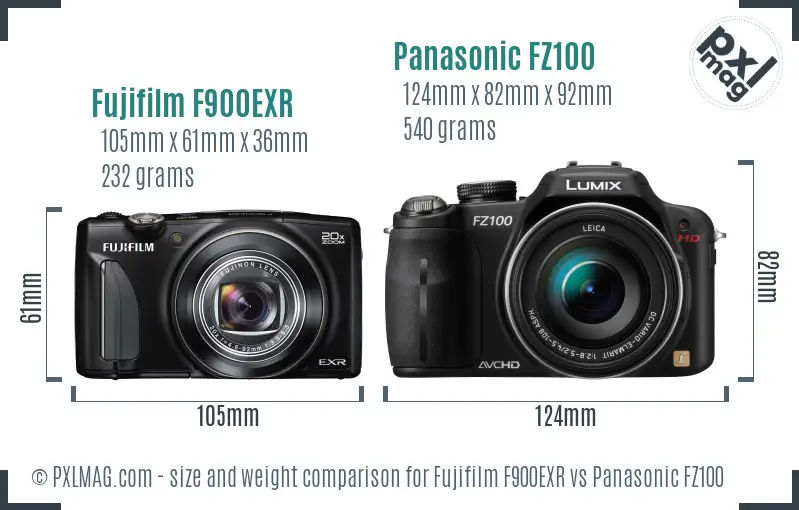 Fujifilm F900EXR vs Panasonic FZ100 size comparison