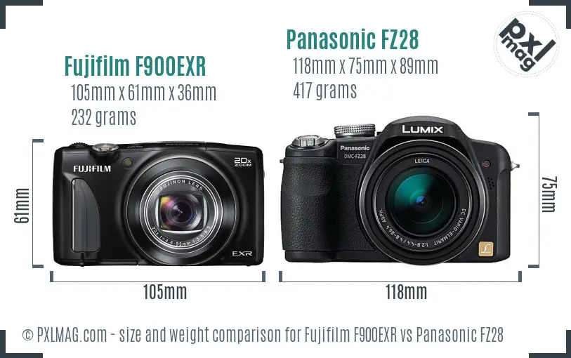 Fujifilm F900EXR vs Panasonic FZ28 size comparison
