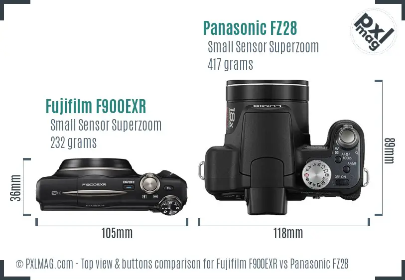 Fujifilm F900EXR vs Panasonic FZ28 top view buttons comparison