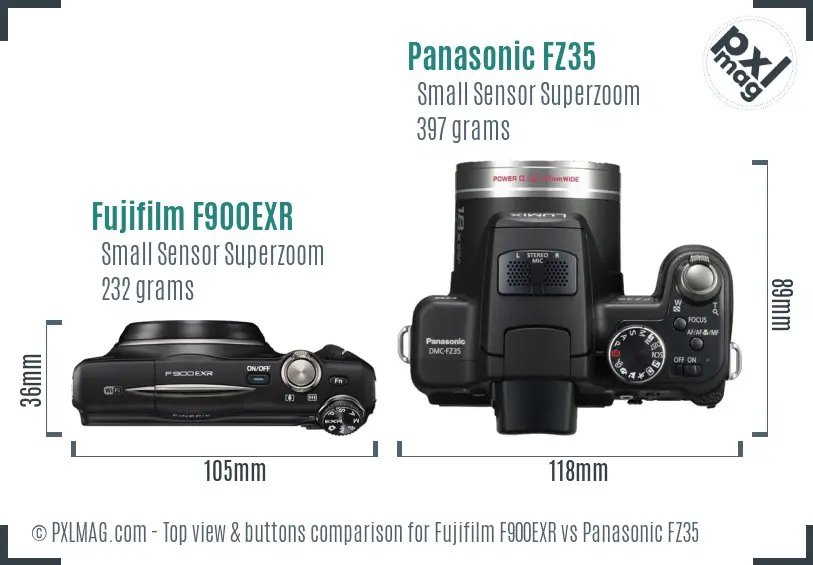 Fujifilm F900EXR vs Panasonic FZ35 top view buttons comparison Fujifilm F900EXR vs Panasonic FZ35 top view buttons comparison