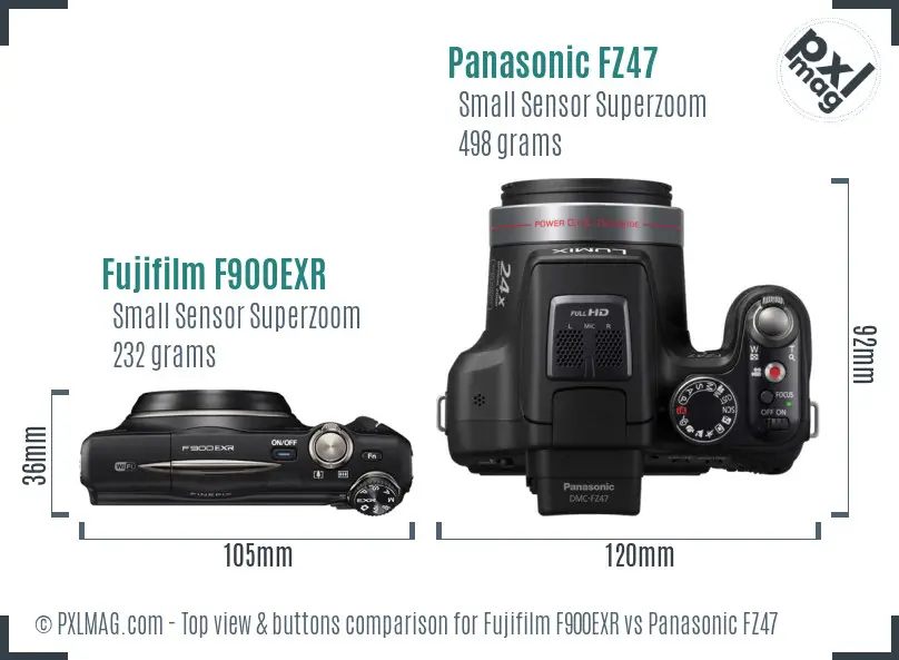 Fujifilm F900EXR vs Panasonic FZ47 top view buttons comparison Fujifilm F900EXR vs Panasonic FZ47 top view buttons comparison