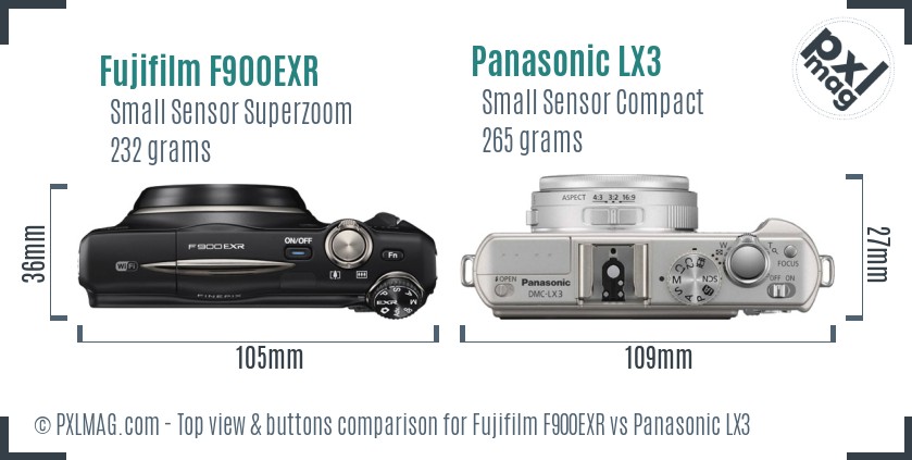 Fujifilm F900EXR vs Panasonic LX3 top view buttons comparison