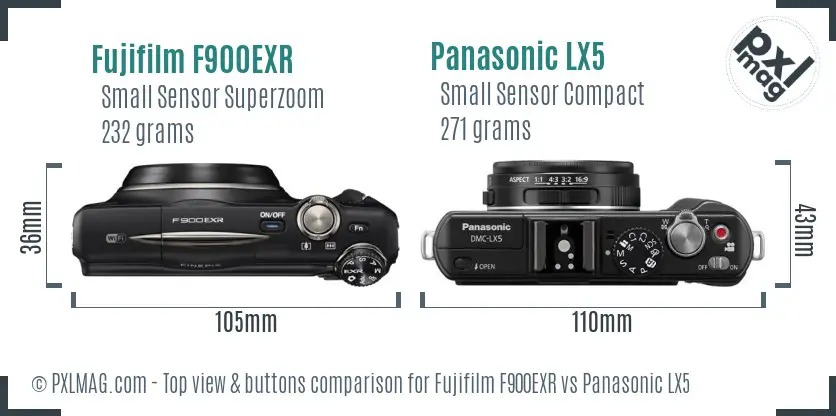 Fujifilm F900EXR vs Panasonic LX5 top view buttons comparison