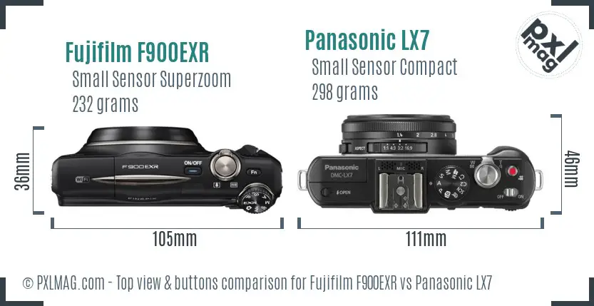 Fujifilm F900EXR vs Panasonic LX7 top view buttons comparison Fujifilm F900EXR vs Panasonic LX7 top view buttons comparison