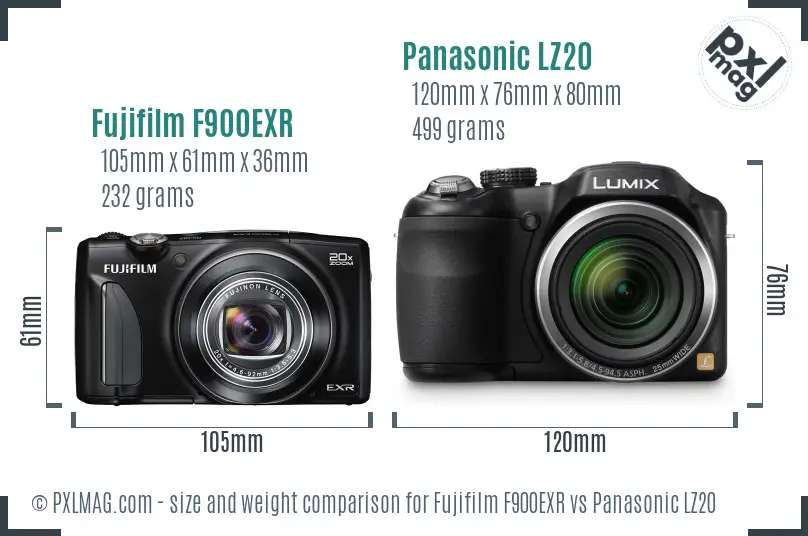 Fujifilm F900EXR vs Panasonic LZ20 size comparison